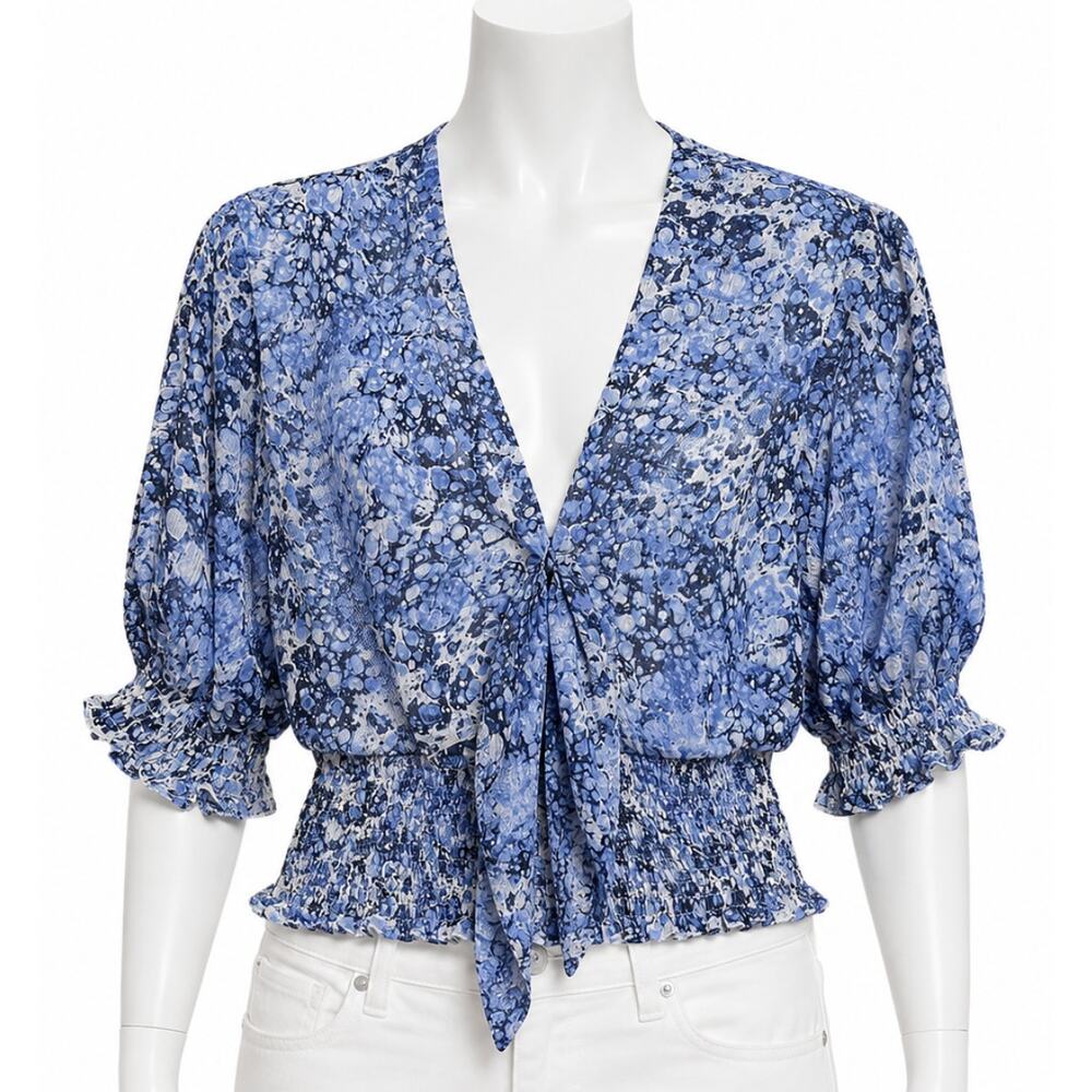 Express Blouse XS Blue White Coquette Y2K Puff Sleeves Smocked Waist Top FLAW - Picture 1 of 7